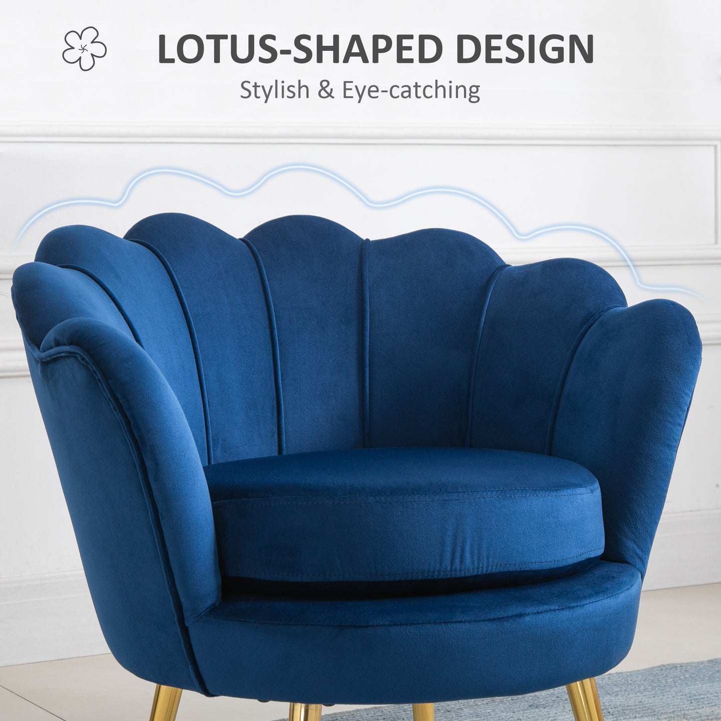 Modern Velvet-Touch Fabric Accent Chair Leisure Club Chair with Gold Metal Legs for Living Room, Blue