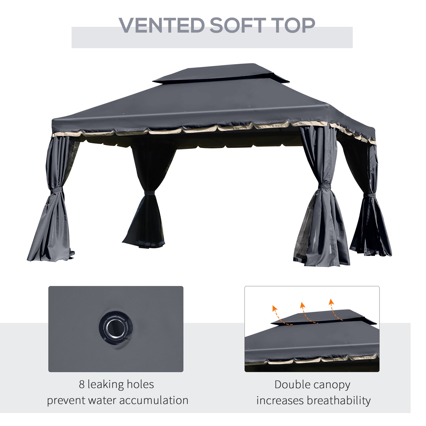 Outsunny 13' x 10' Outdoor Patio Gazebo Canopy with 2-Tier Polyester Roof, Vented Mesh Sidewall & Strong Aluminum Frame, Black