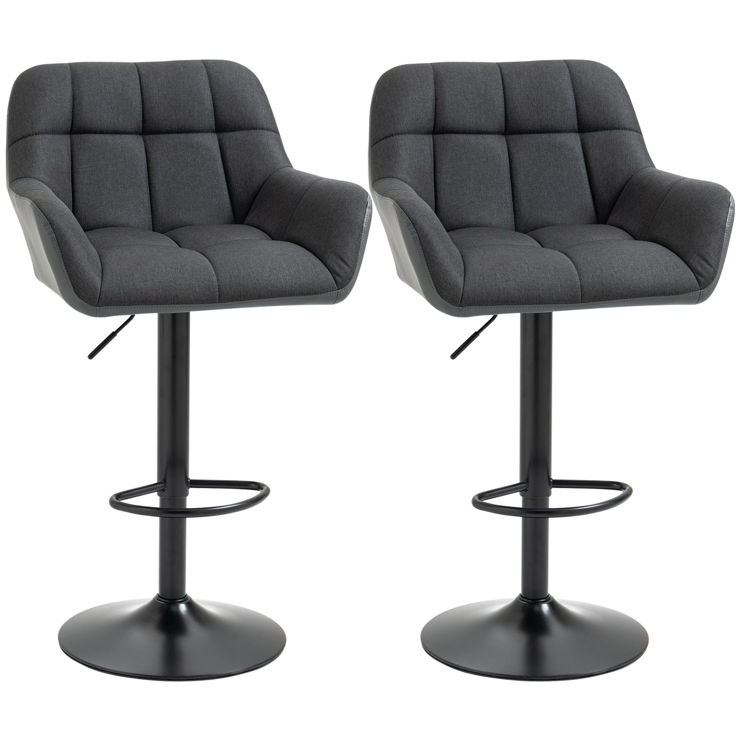 Modern Adjustable Bar Stools Set of 2, Swivel Tufted Fabric Barstools with Footrest, Armrests and PU Leather Back, for Kitchen Counter and Dining Room, Black