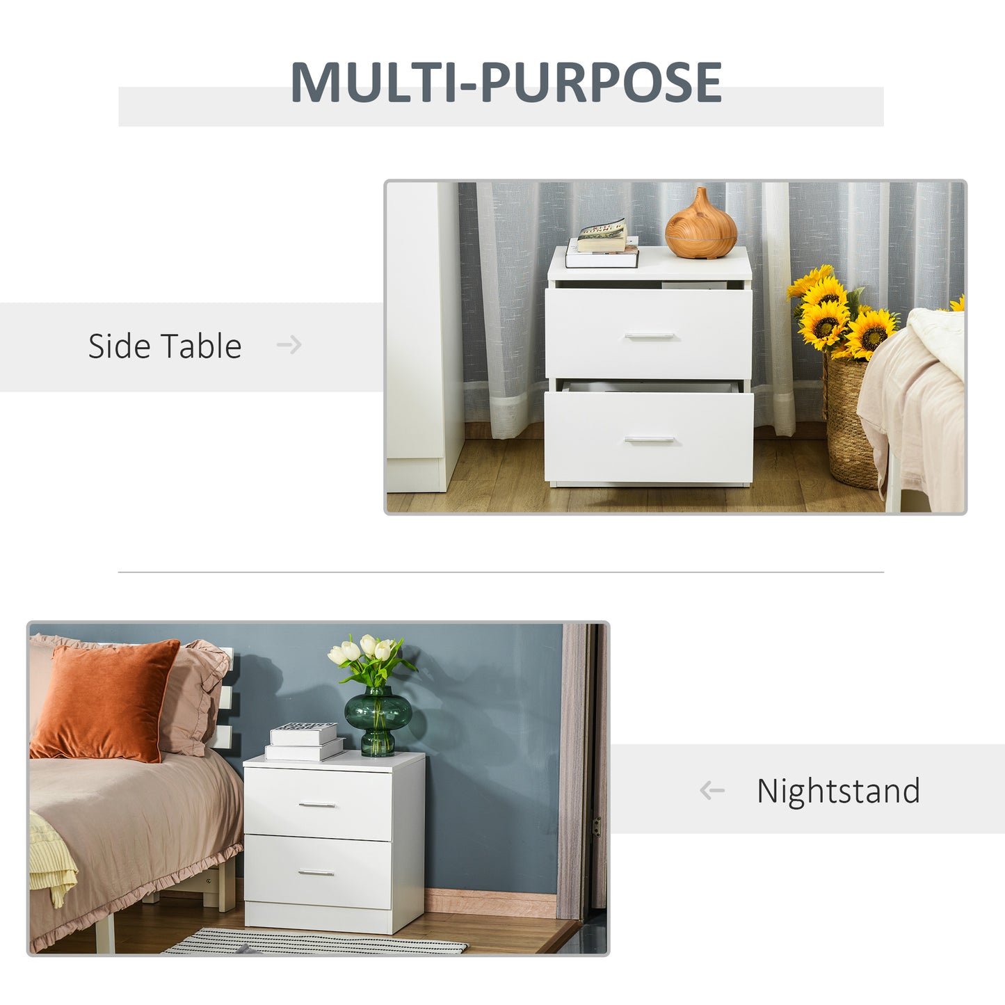 Bedside Table with 2 Drawers, Modern Nightstand, Cabinet Drawer Side Storage Unit for Bedroom, Living Room, White