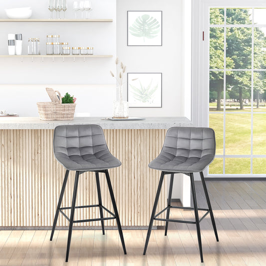 Bar Stools Set of 2 Velvet-Touch Dining Chairs Kitchen Counter Chairs Fabric Upholstered seat with Metal Legs, Backrest, Grey