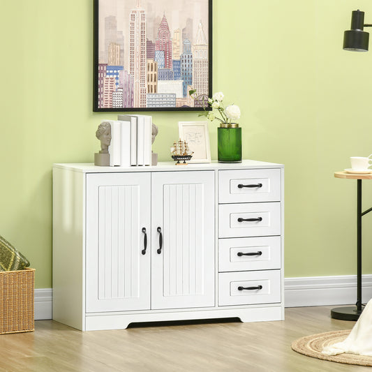 Modern Sideboard Storage Cabinet with 2 Doors Cupboard, 4 Drawers for Living Room, Hallway, White