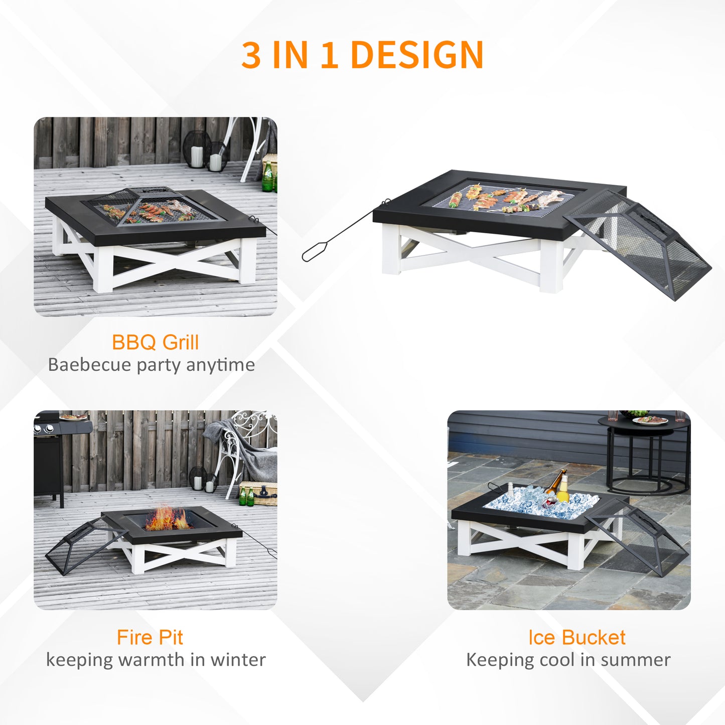 Outsunny 34" Outdoor 3 in 1 Steel Square Fire Pit Square Stove with Spark Screen Cover, Log Grate, Poker, Grill Net for Patio, White & Black