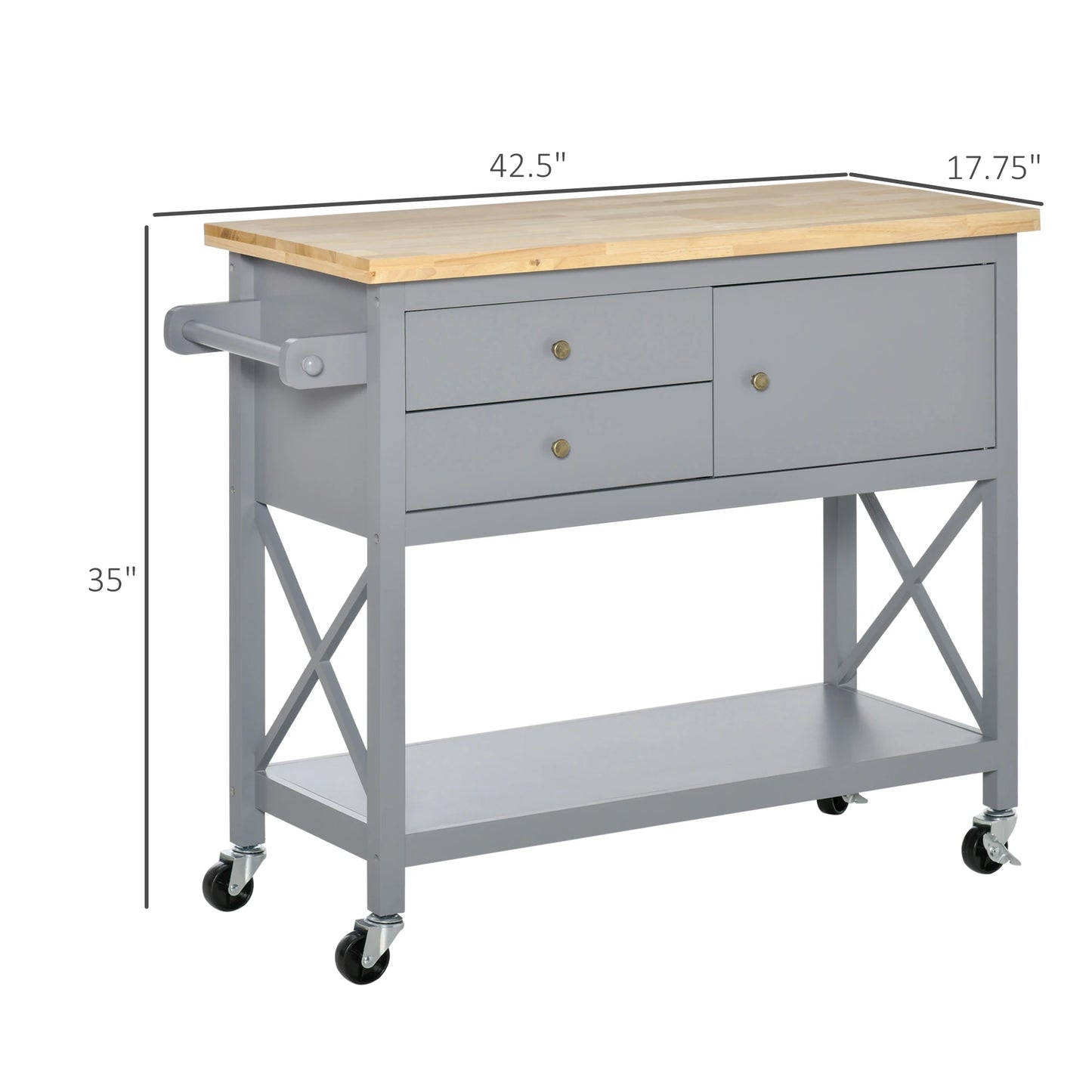 Utility Kitchen Cart Rolling Kitchen Island Storage Trolley with Rubberwood Top, 2 Drawers, Towel Rack, Grey