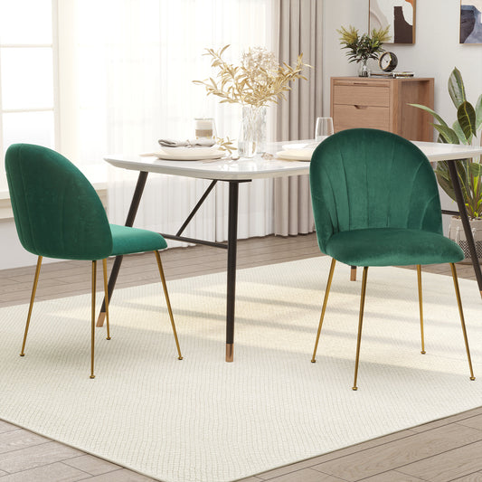 Modern Dining Chair Set of 2, Accent Chair Leisure Accent Chair with Gold Metal Legs and Velvet-Touch Fabric for Living Room, Green