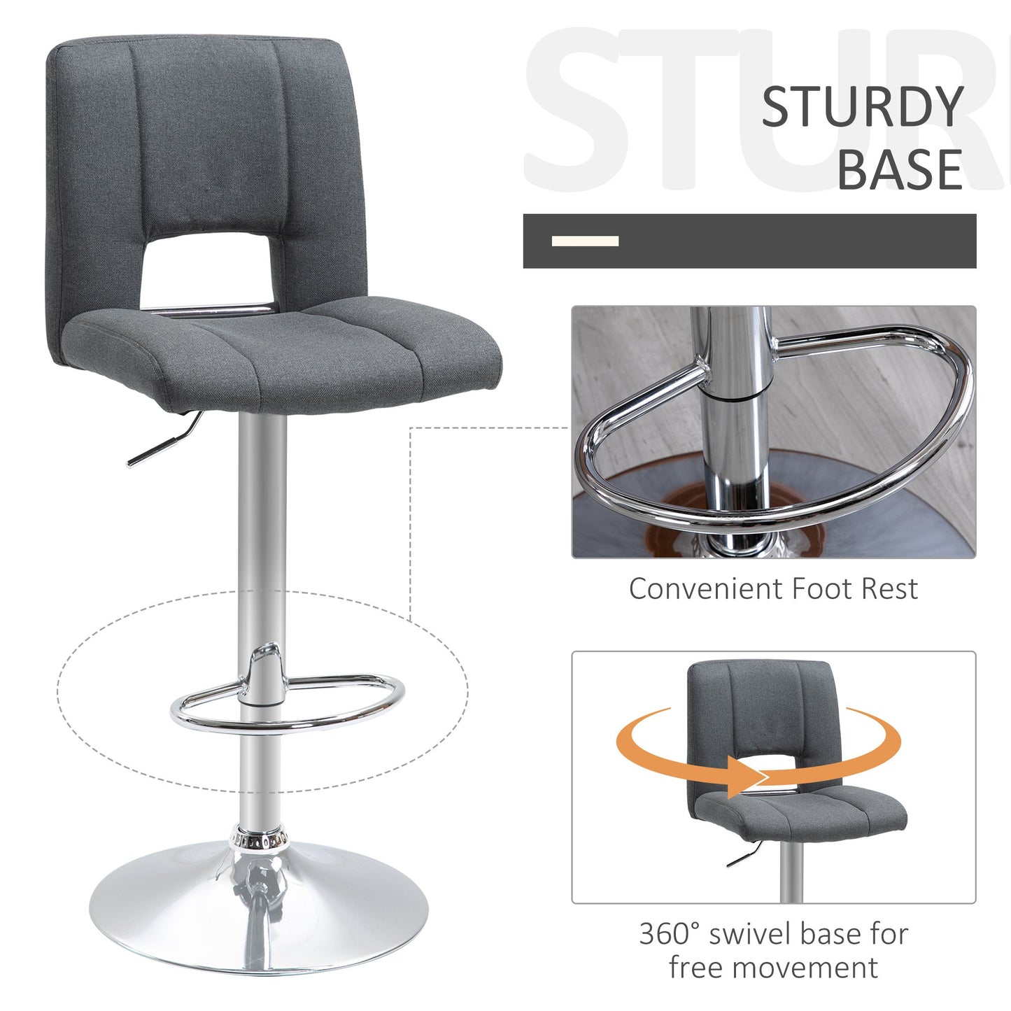 Modern Bar stool Armless Adjustable Height with Swivel Seat, Set of 2, Grey