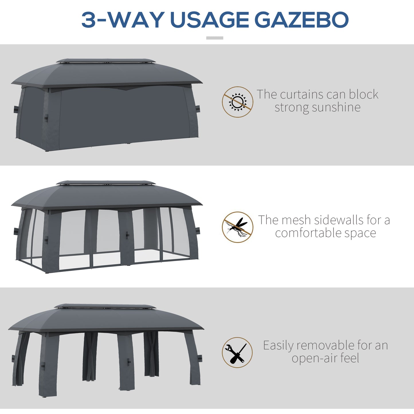 Outsunny 10' x 20' Patio Gazebo, Outdoor Gazebo Canopy Shelter with Netting & Curtains, Vented Roof for Garden Dark Gray