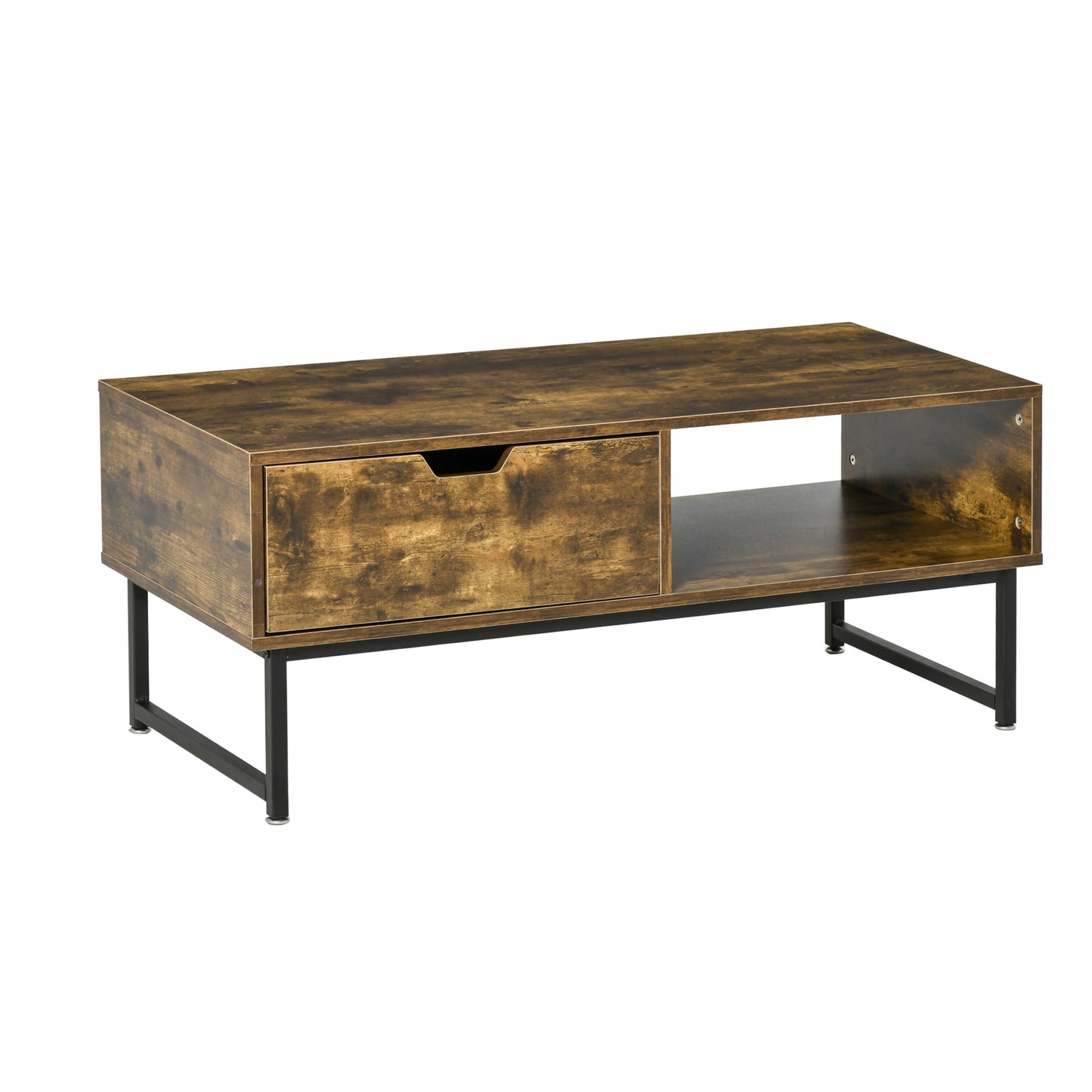 Industrial Coffee Table, Center Table with Drawer and Open Storage Compartment, Steel Legs, for Living Room, Rustic Brown