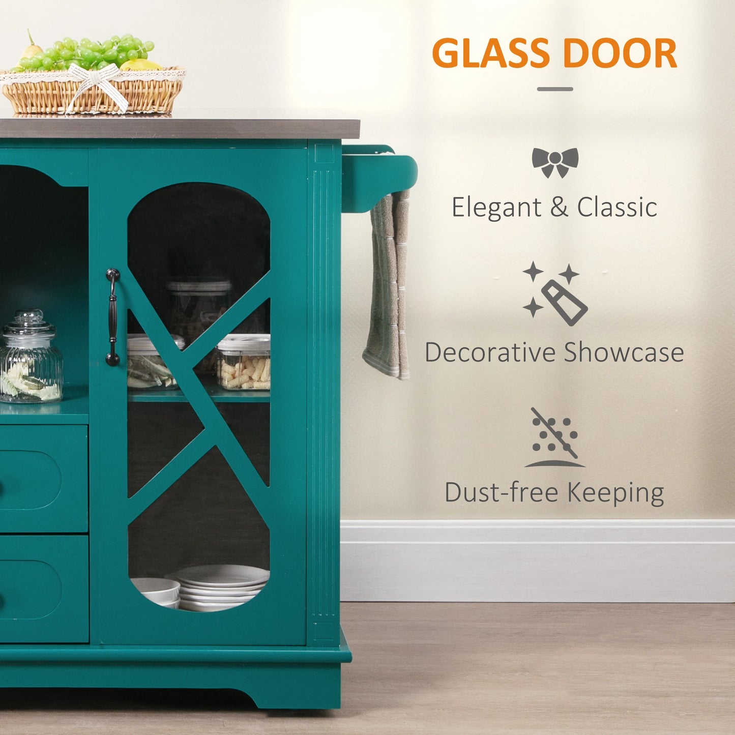 Rolling Kitchen Island Storage Cart, Kitchen Cabinet with Stainless Steel Top, Glass Door & Drawers for Kitchen, Green