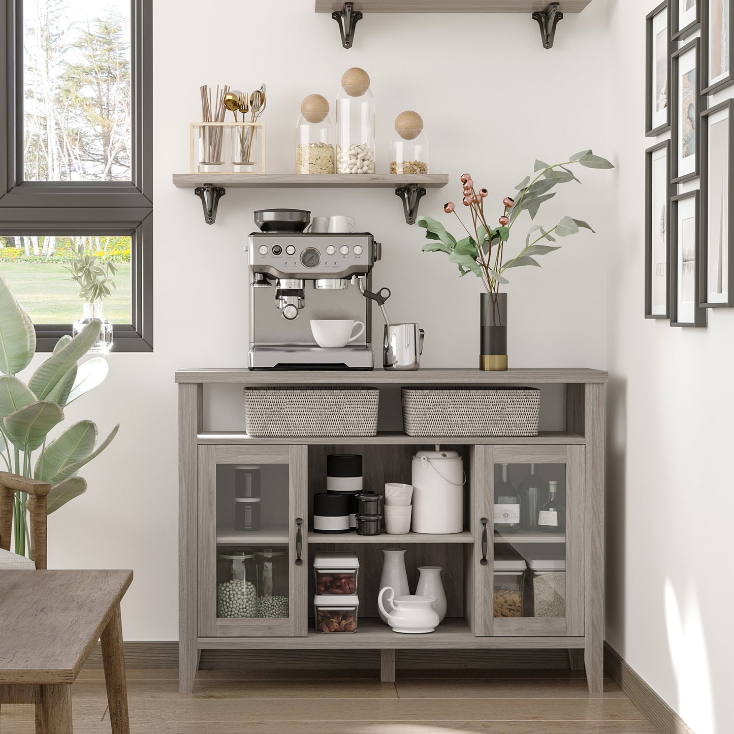 Rustic Style Sideboard Serving Buffet Storage Cabinet Cupboard with Glass Doors and Adjustable Shelves for Kitchen & Dining Area, Grey