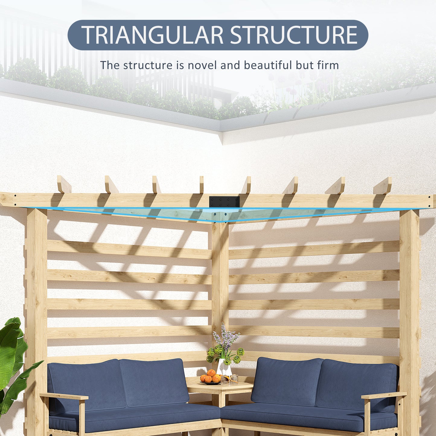 Outsunny 9' x 9' Corner Pergola with Conversation Set and Cushions, Fir Wood Outdoor Pergola with End Table, Natural and Blue