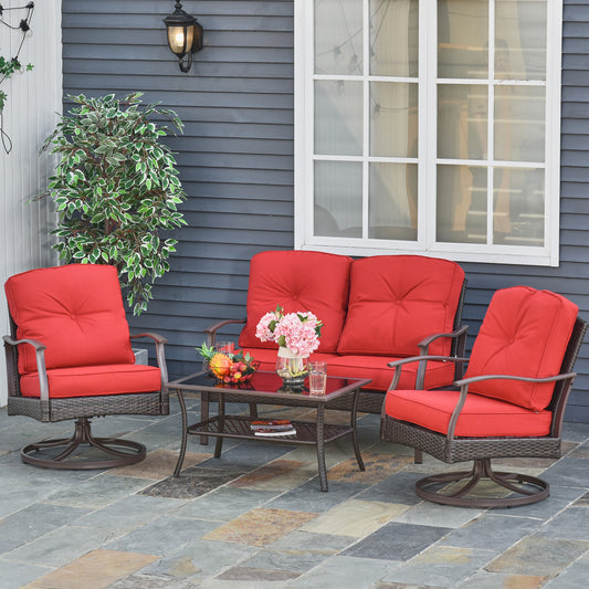 Outsunny 4 PCS Patio PE Rattan Wicker Sofa Sets Outdoor All Weather Conversation Furniture w/ Two Tier Tea Table & Olefin-Feel Cushions, Red