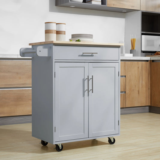 Rolling Kitchen Island Cart with Wood Top, Enough Storage Drawer Space with Towel Bar Rack Shelves, Wheels, Grey