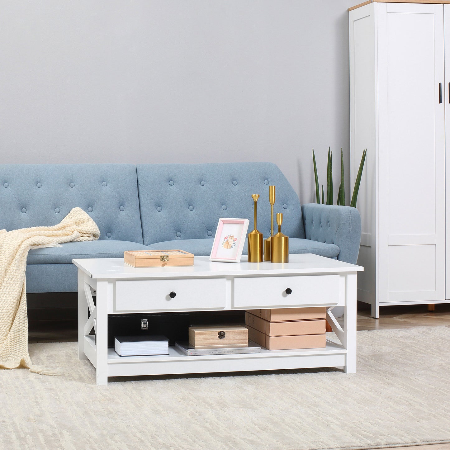 Coffee Table with Storage Drawers and Open Shelf, Modern Centre Table for Living Room, White