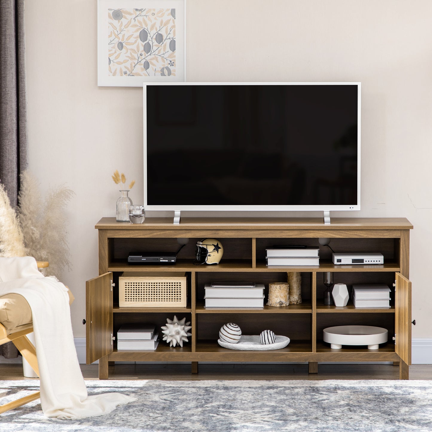 TV Stand for TVs up to 55", TV Unit with Storage Cupboard and Shelves, 55.1" x 15.7" x 27", Walnut