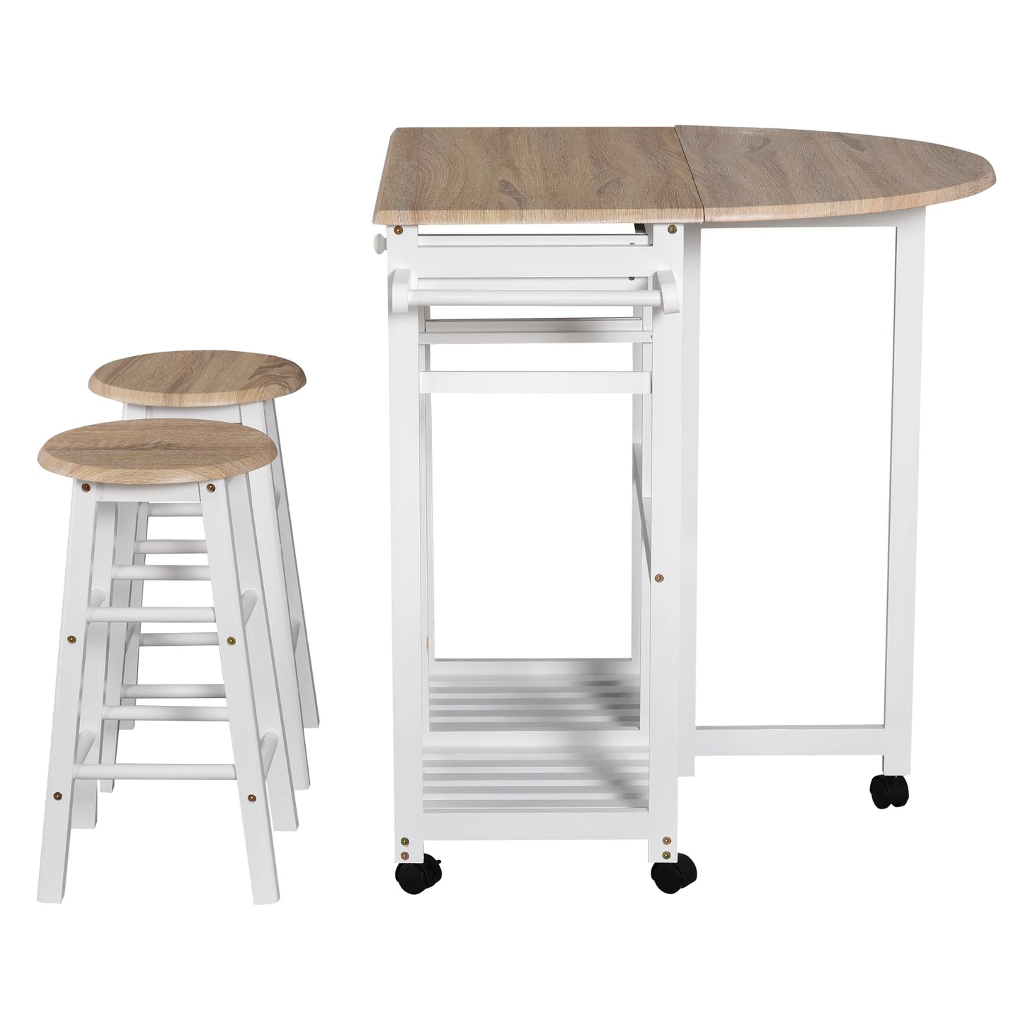 Kitchen Trolley 3 Piece Kitchen Cart Set Drop Leaf Breakfast Table and 2 Stools w/ Rolling Wheels & Towel Bars, Wood & White