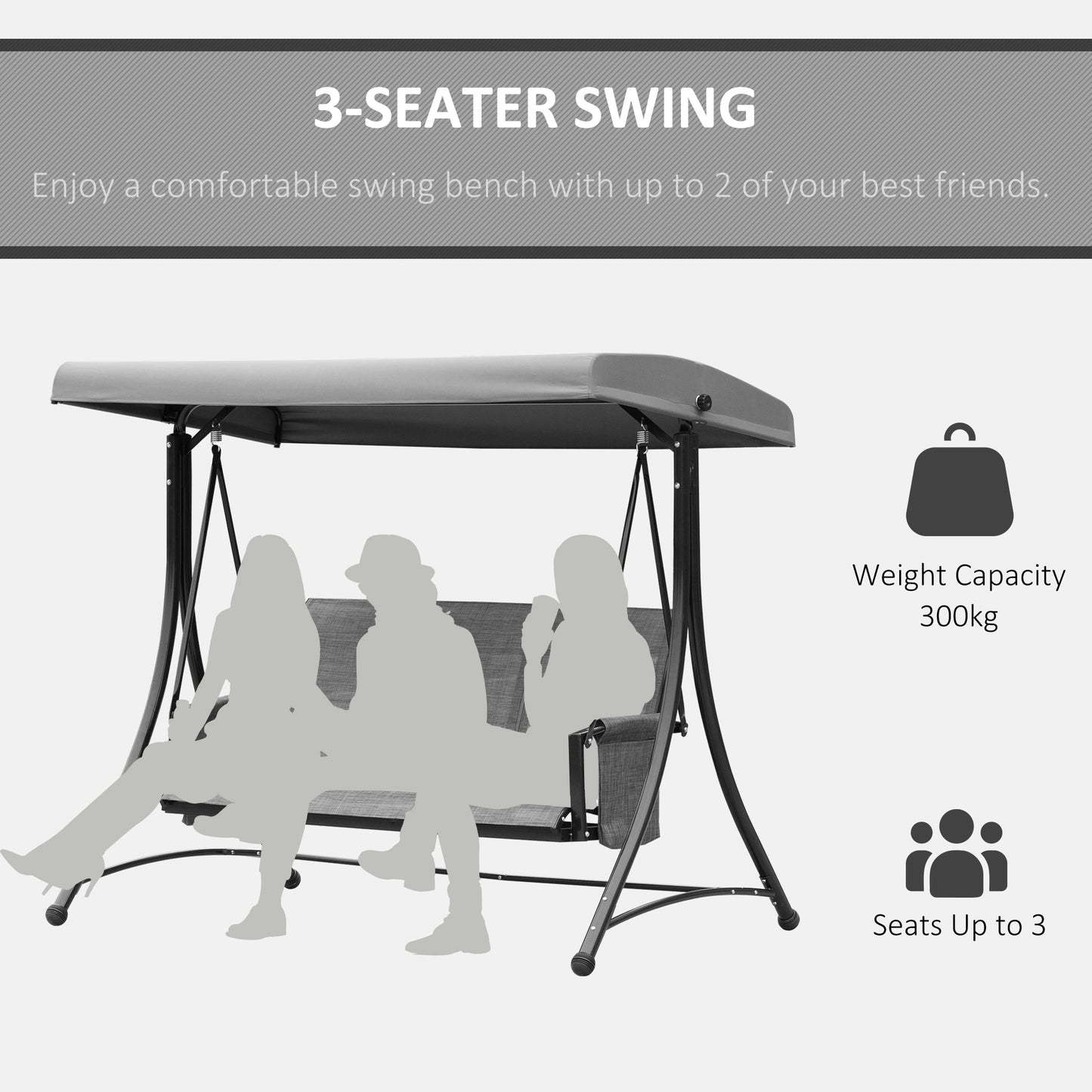 Outsunny 3 Person Porch Swing Chair with High Back Design, Side Pouches and Adjustable Canopy Outdoor Patio Dark Grey