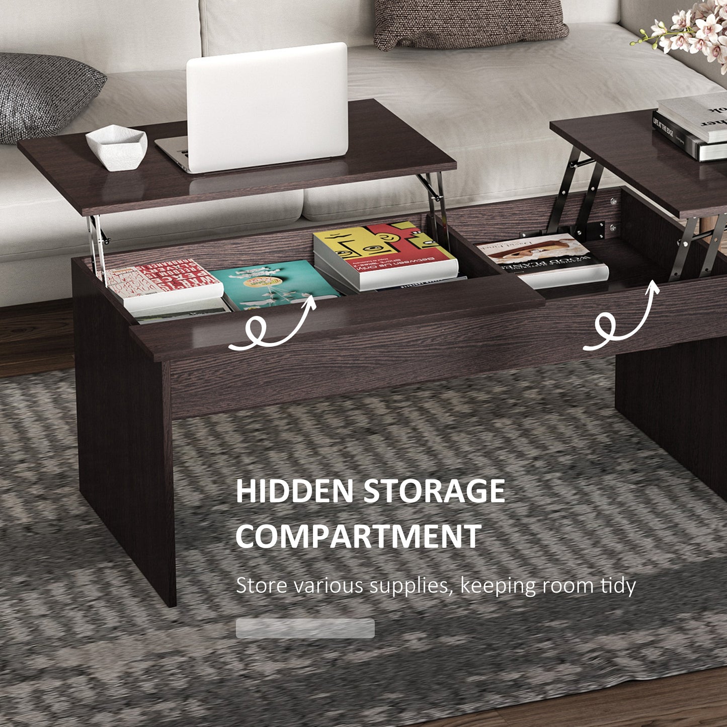 Modern Lift Top Coffee Table Hidden Compartment Living Room Dark Brown