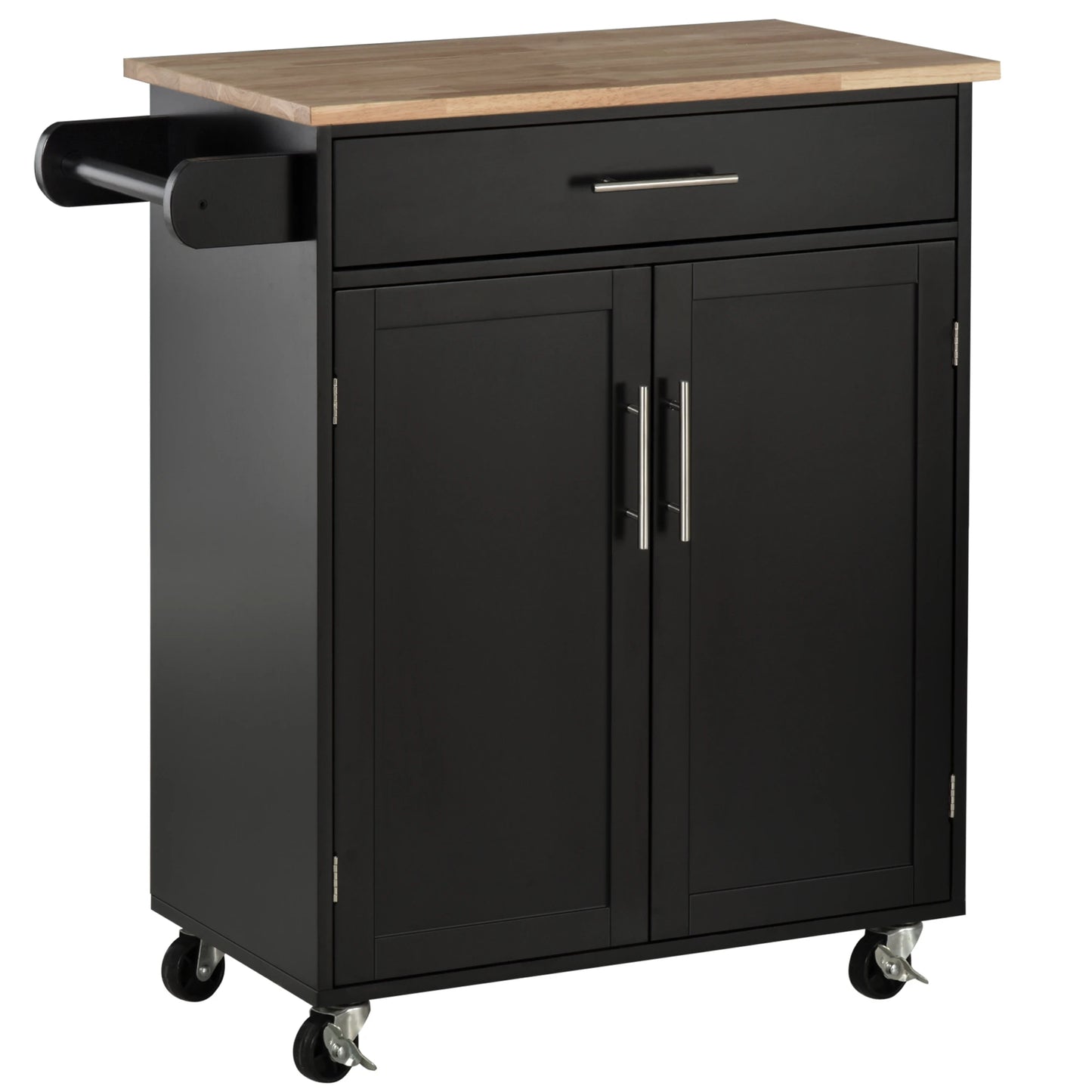 Rolling Kitchen Island Cart with Wood Top, Enough Storage Drawer Space with Towel Bar Rack Shelves, Portable Kitchen Utility Serving Cart Trolley on Wheels, Black