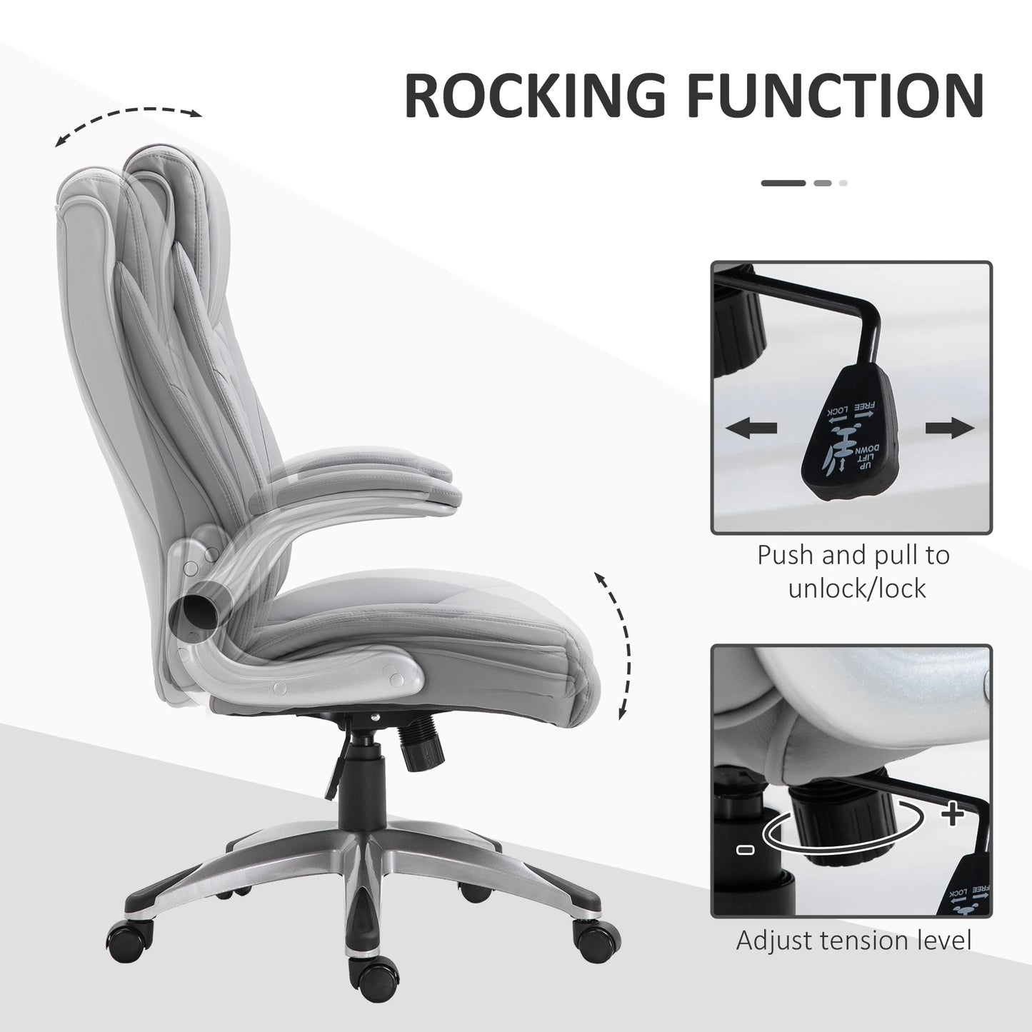 High-Back Office Chair Executive Swivel Computer Desk Chair, with PU Leather, Flip-up Armrest, Grey