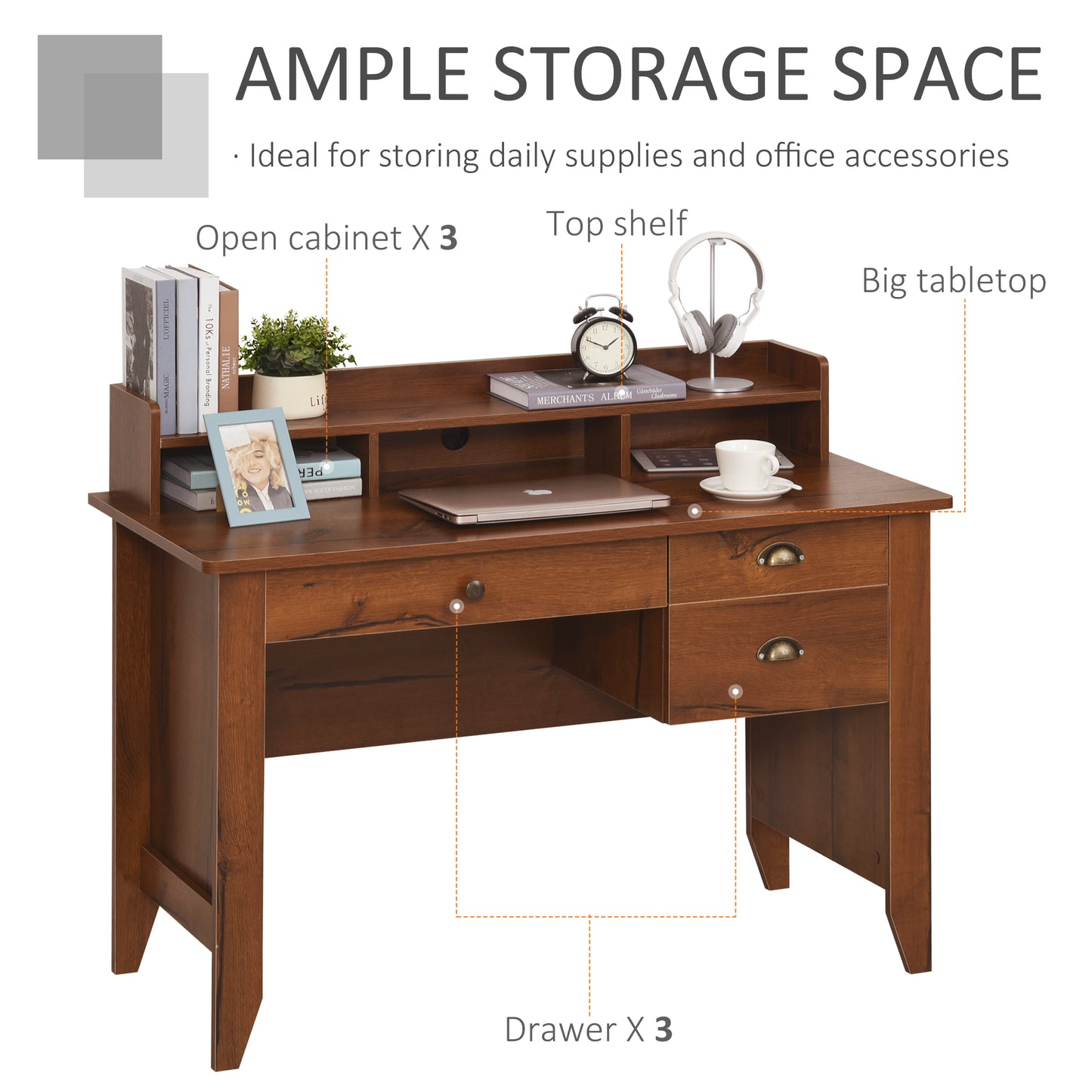 Computer Desk with Drawer,Storage Hutch,Home Office Writing Table Study Workstation, 47.25''x21.75''x36.25'', Brown