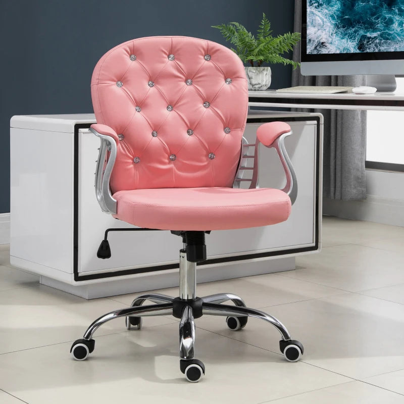 Vinsetto 360° Swivel Office Chair Vanity Style Tufted Backrest Task Chair with Height Adjustable, Armrests and Thick Padding, Pink