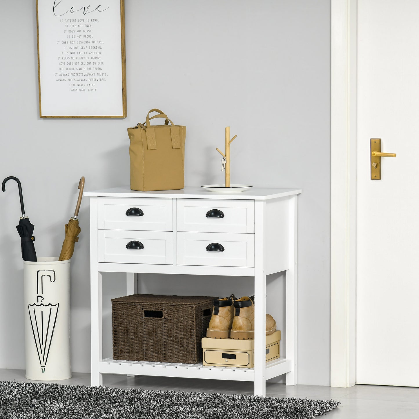 Console Table Sofa Table Sideboard with 4 Drawers & Slatted Shelf for Kitchen, Entryway, White