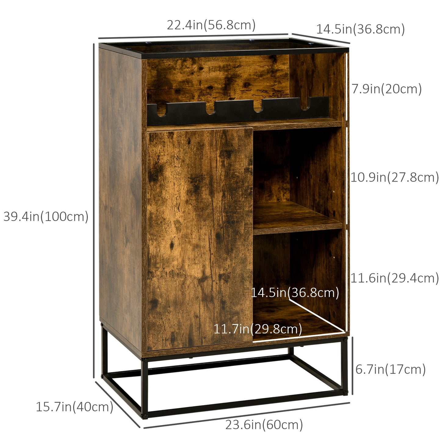 Industrial Wine Rack Cabinet for 4 Bottles, Liquor Cabinet with Tempered Glass Top, Adjustable Shelves for Home Bar, Dining Room, Rustic Brown