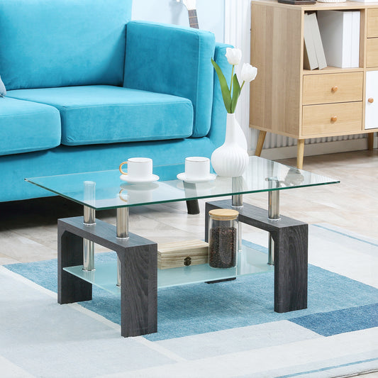 Rectangle Glass Coffee Table, 2-Tier Center Table with Tempered Glass Top and Storage Shelf for Living Room, Grey