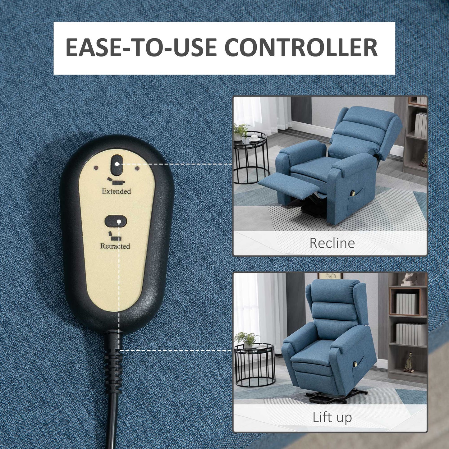 Electric Power Lift Recliner Chair for Elderly with Remote Control and Footrest, Linen Fabric Reclining Chair for Living Room, Blue