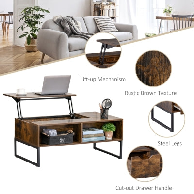 Wood Lift Top Coffee Table with Hidden Storage Compartment, Side Drawer with Metal Frame Design, Lift Tabletop Dining Table for Home, Living Room, Office