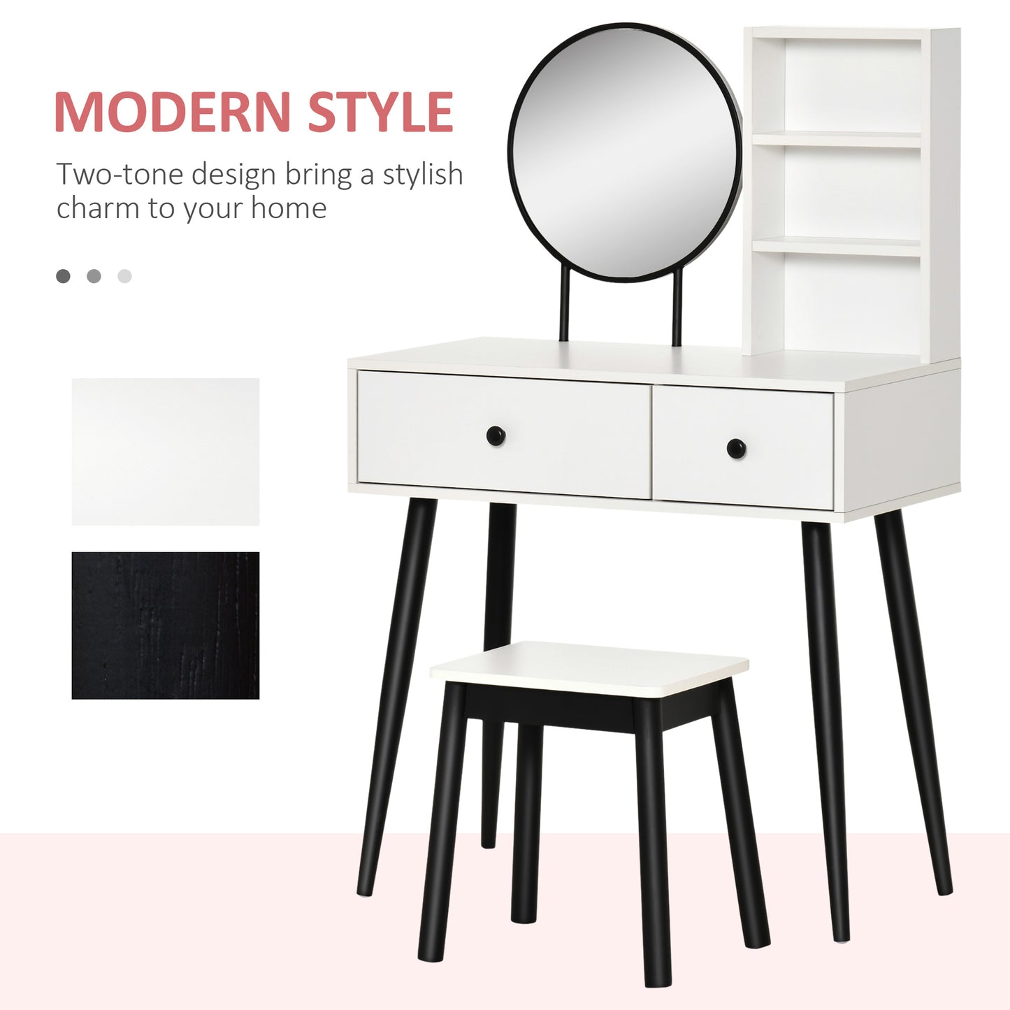 Vanity Set, Makeup Dressing Table Set with Stool, Wood Vanity Desk with Mirror, Storage Drawers and Shelf for Bedroom, White and Black