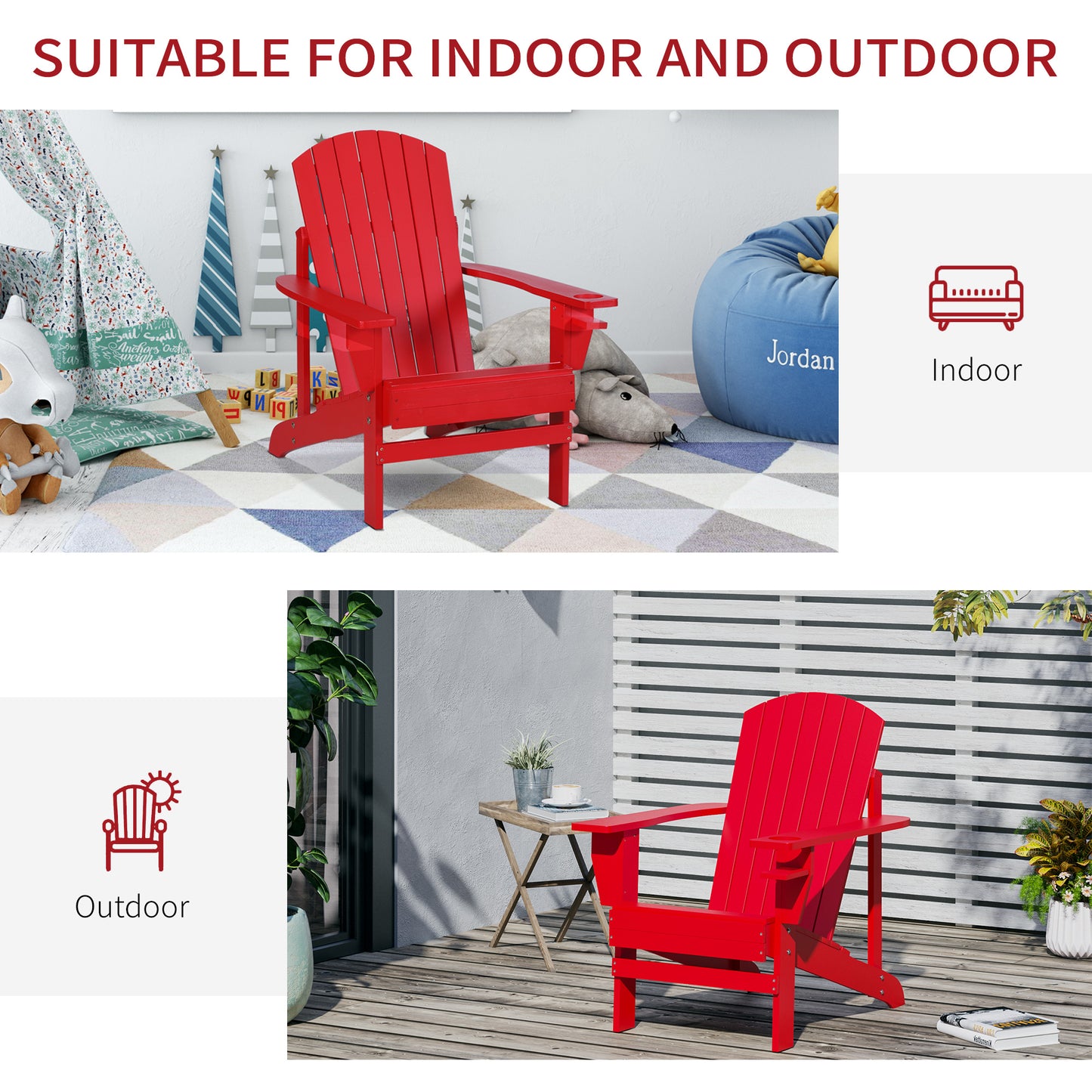 Outsunny Classic Adirondack Chair, Muskoka Chairs, Garden Deck Chair with Cup Holder for Patio, Indoor, Backyard, Red