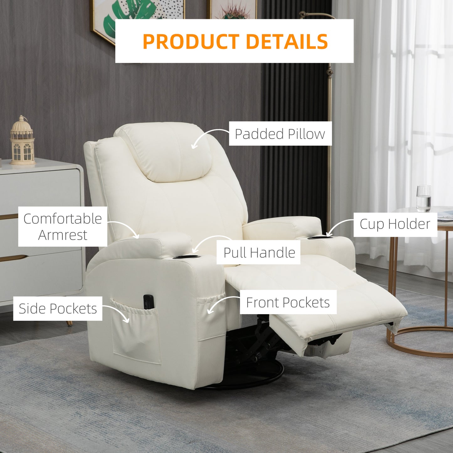 Faux Leather Recliner Chair with Massage, Vibration, Muti-function Padded Sofa Chair with Remote Control, 360 Degree Swivel Seat with Dual Cup Holders, Cream White