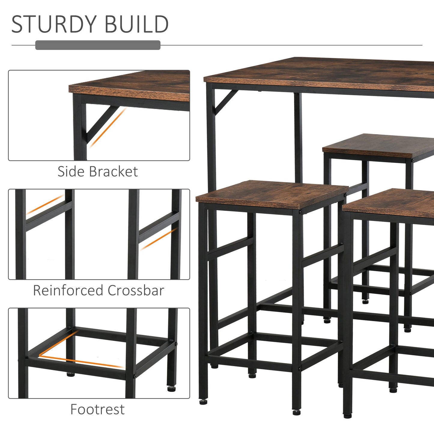 Rectangular Bar Table Set with 4 Stools for Dining Room, Kitchen, Dinette, Black, Rustic Brown