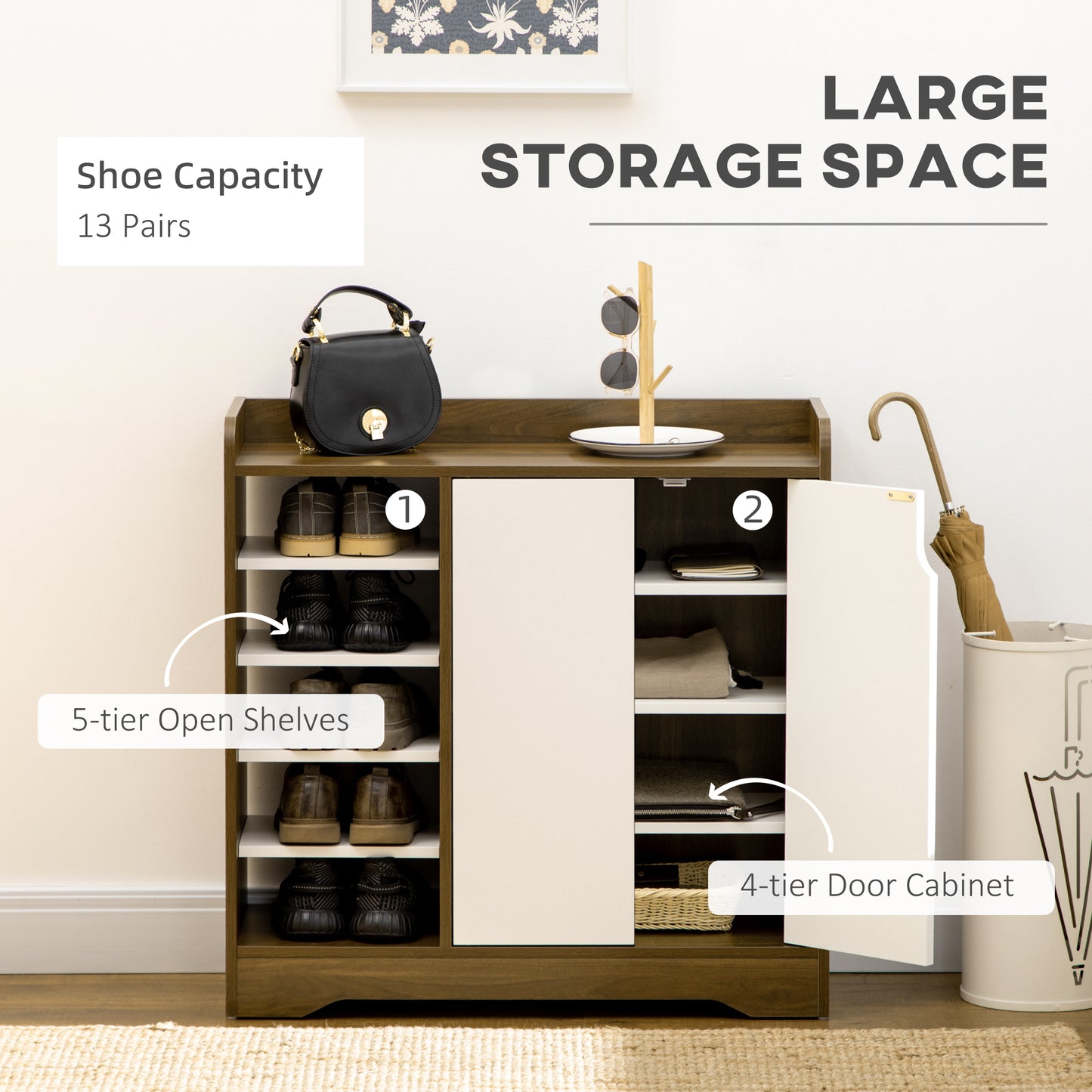 Shoe Storage with Double Doors and Open Shelves 13 Pair Shoe Storage Organizer for Entryway Hallway Brown and White