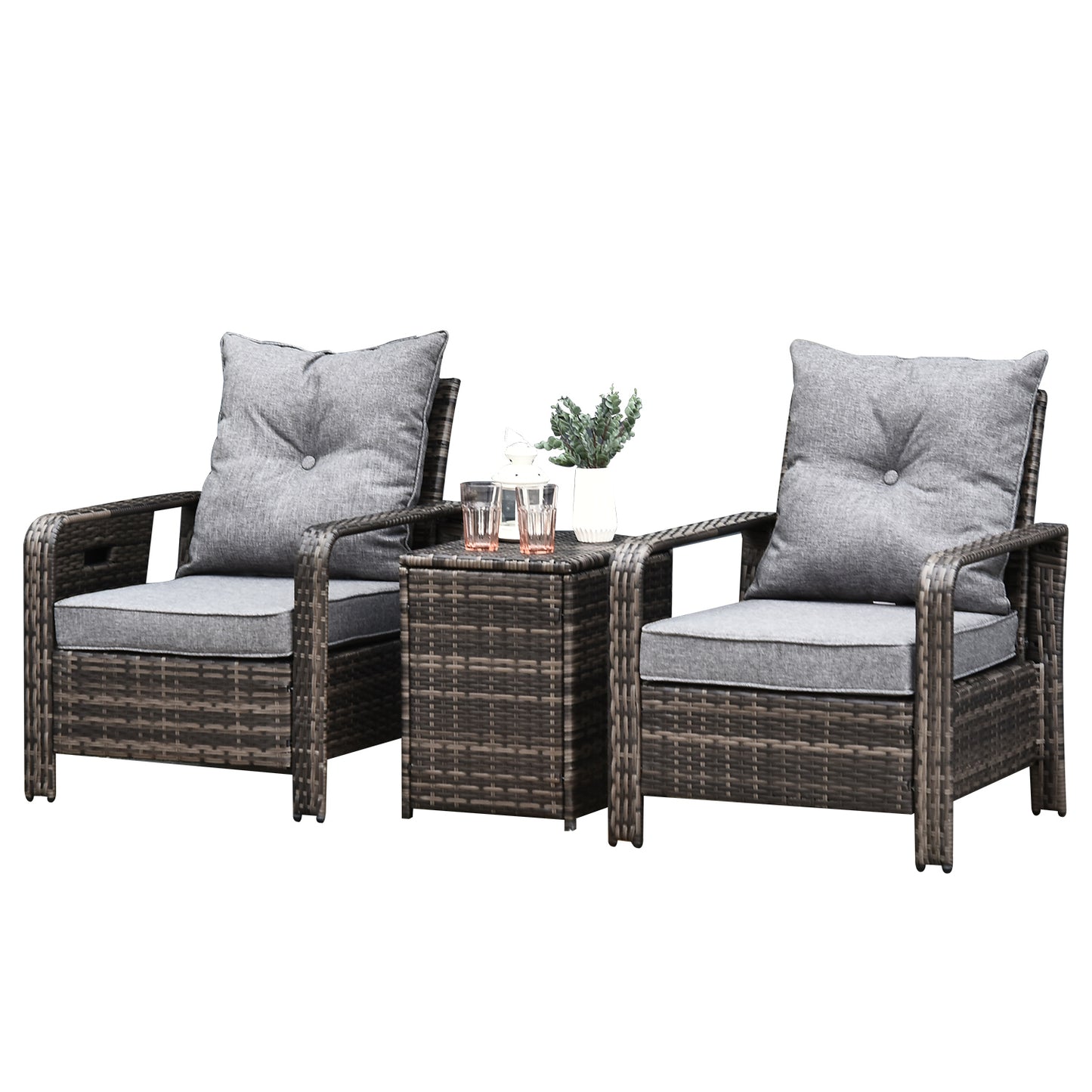 Outsunny 3 Piece PE Rattan Garden Sofa Set with 2 Padded Chairs 1 Storage Table, Mixed Brown