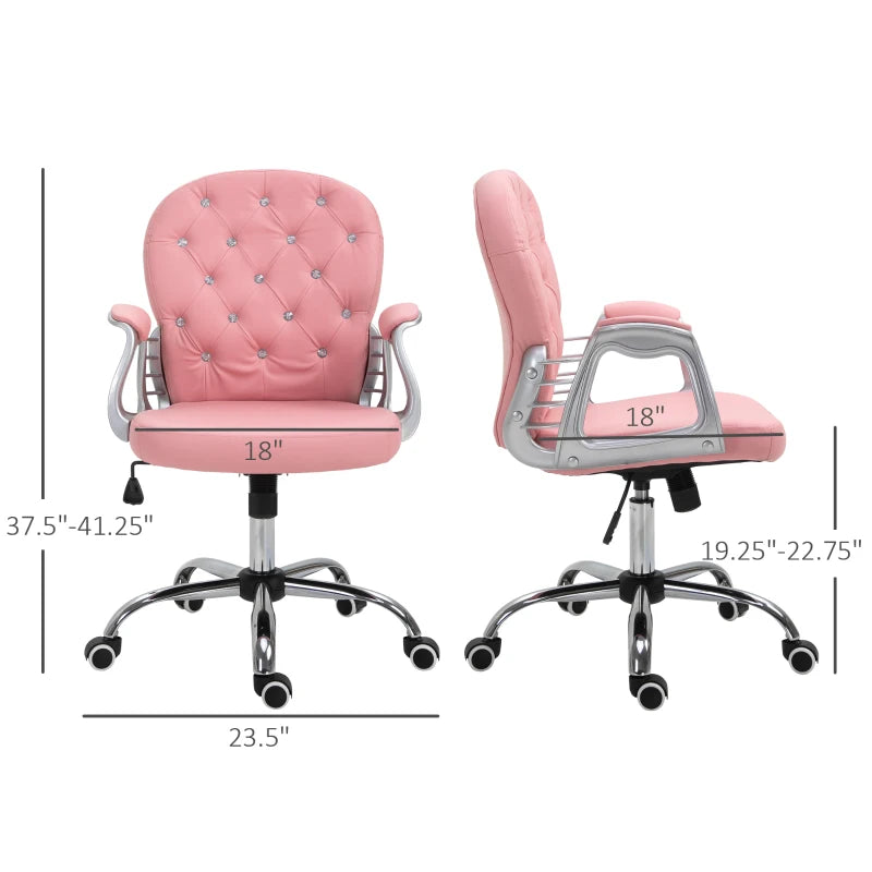 Vinsetto 360° Swivel Office Chair Vanity Style Tufted Backrest Task Chair with Height Adjustable, Armrests and Thick Padding, Pink