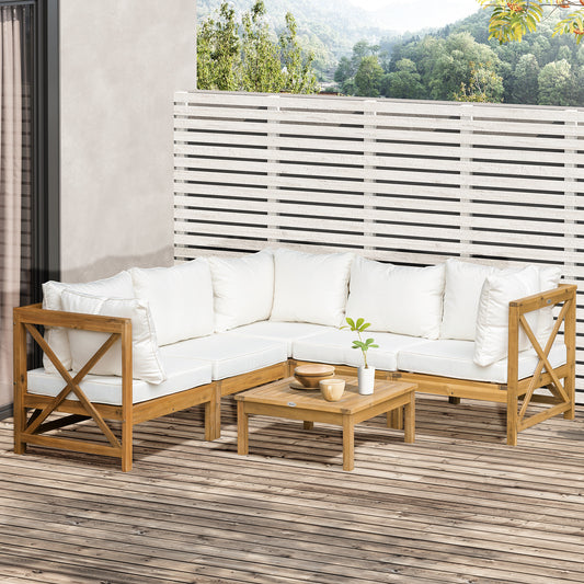 Outsunny 6-Piece Wooden Patio Sofa Sectional Set with 5 Sofas, 1 Coffee Table, 5 Cushions & 8 Pillows, Cream White