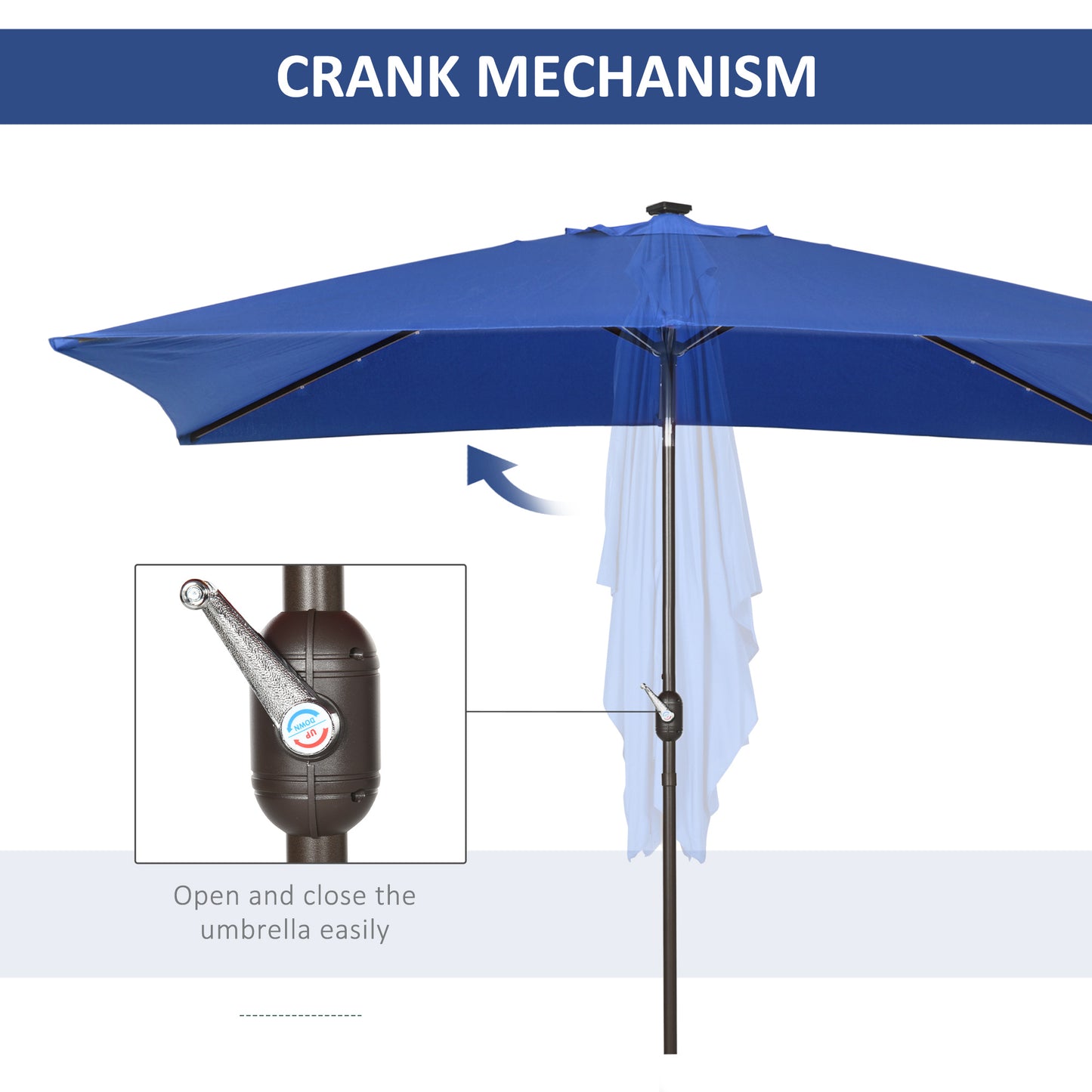 Outsunny 6.5x10ft Patio Umbrella Rectangle Solar Powered Tilt Aluminum Outdoor Market Parasol with LEDs Crank (Dark Blue)