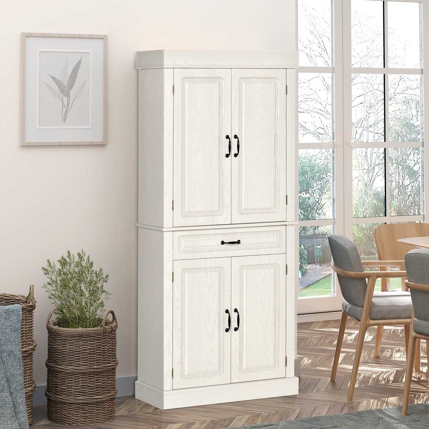 71" Freestanding Kitchen Pantry with 4 Doors, and 2 Large Cabinets, Tall Storage Cabinet with Wide Drawer for Kitchen Dining Room, White Wood Grain