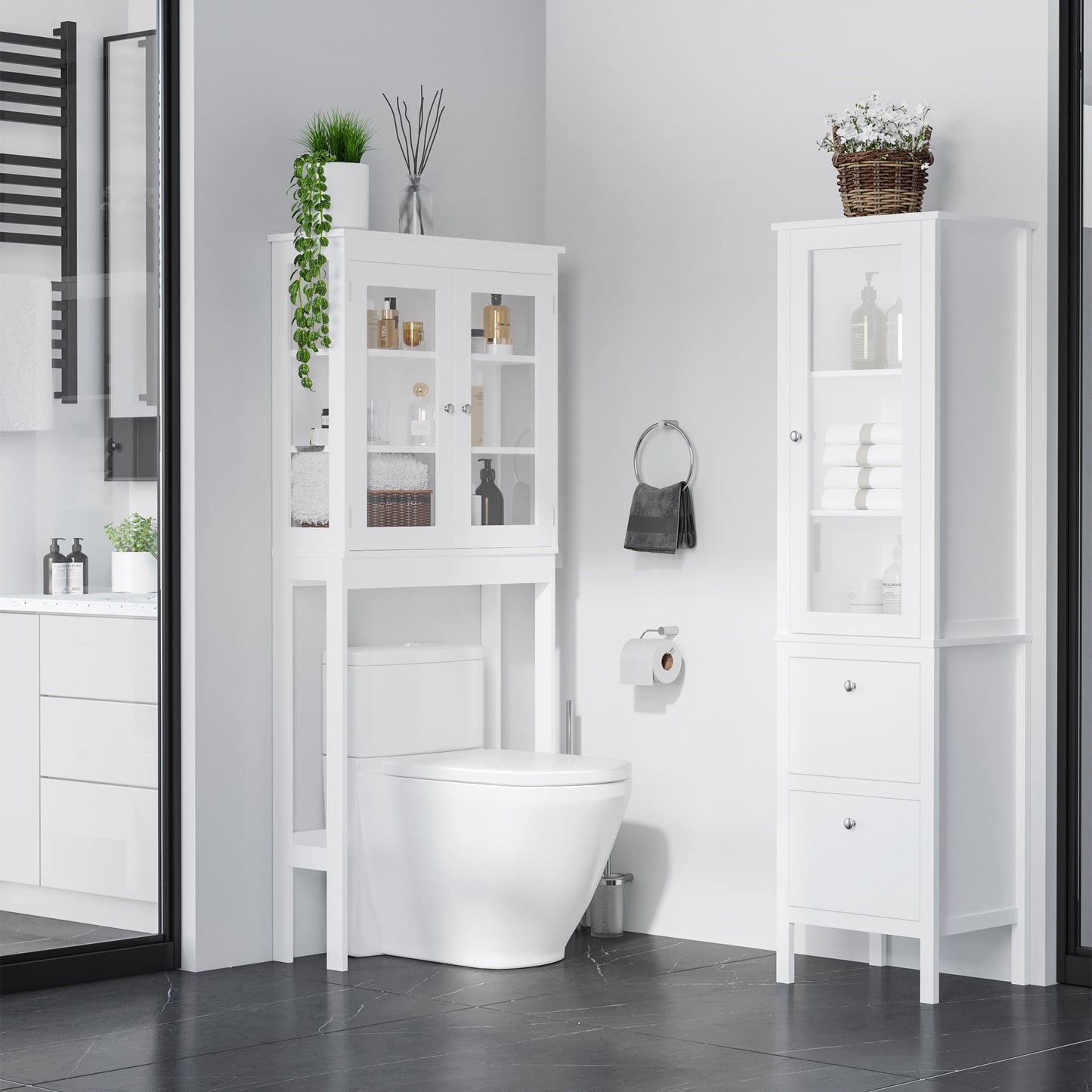 Tall Bathroom Cabinet with Tempered Glass Door, Storage Organizer, Freestanding Linen Tower with 2 Adjustable Shelves and 2 Drawers