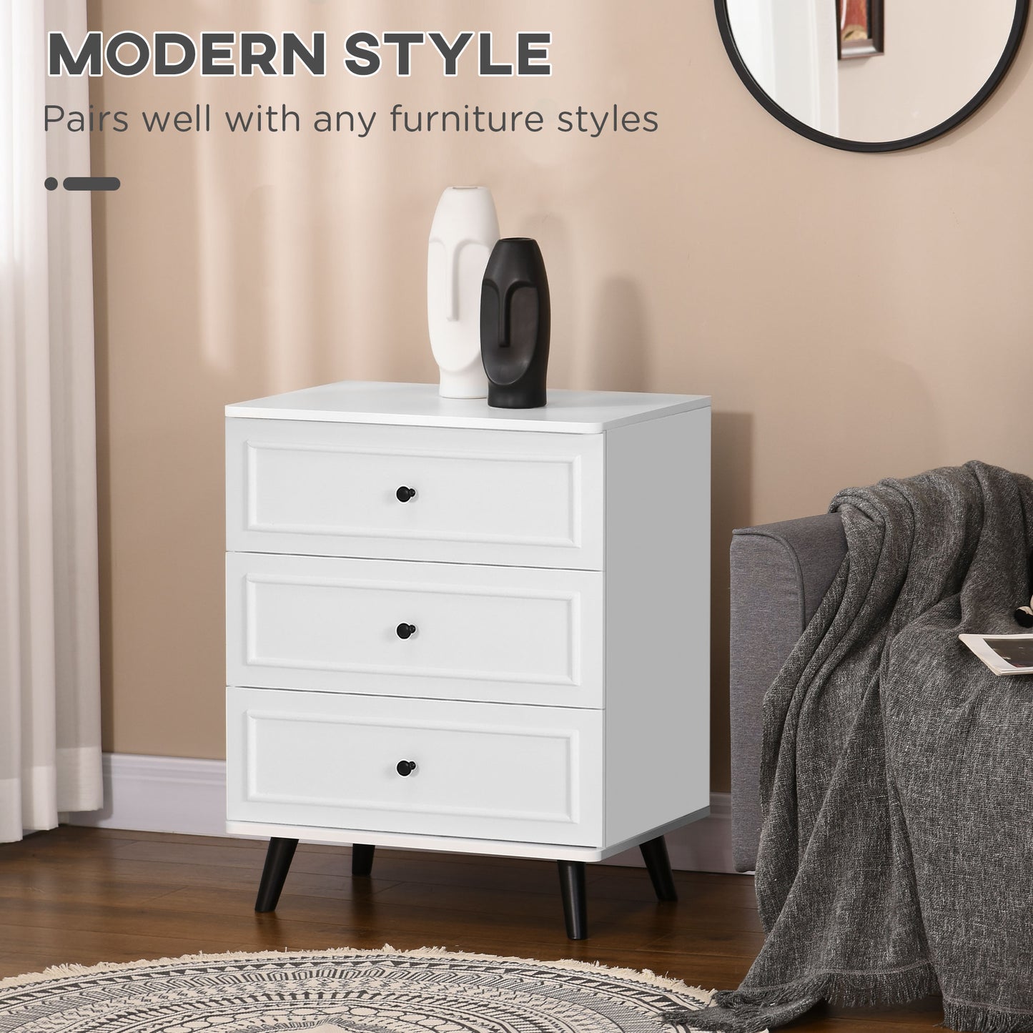 3 Drawer Dresser, Chest of Drawers Storage Cabinet with Solid Wood Legs and Handles for Living Room, White