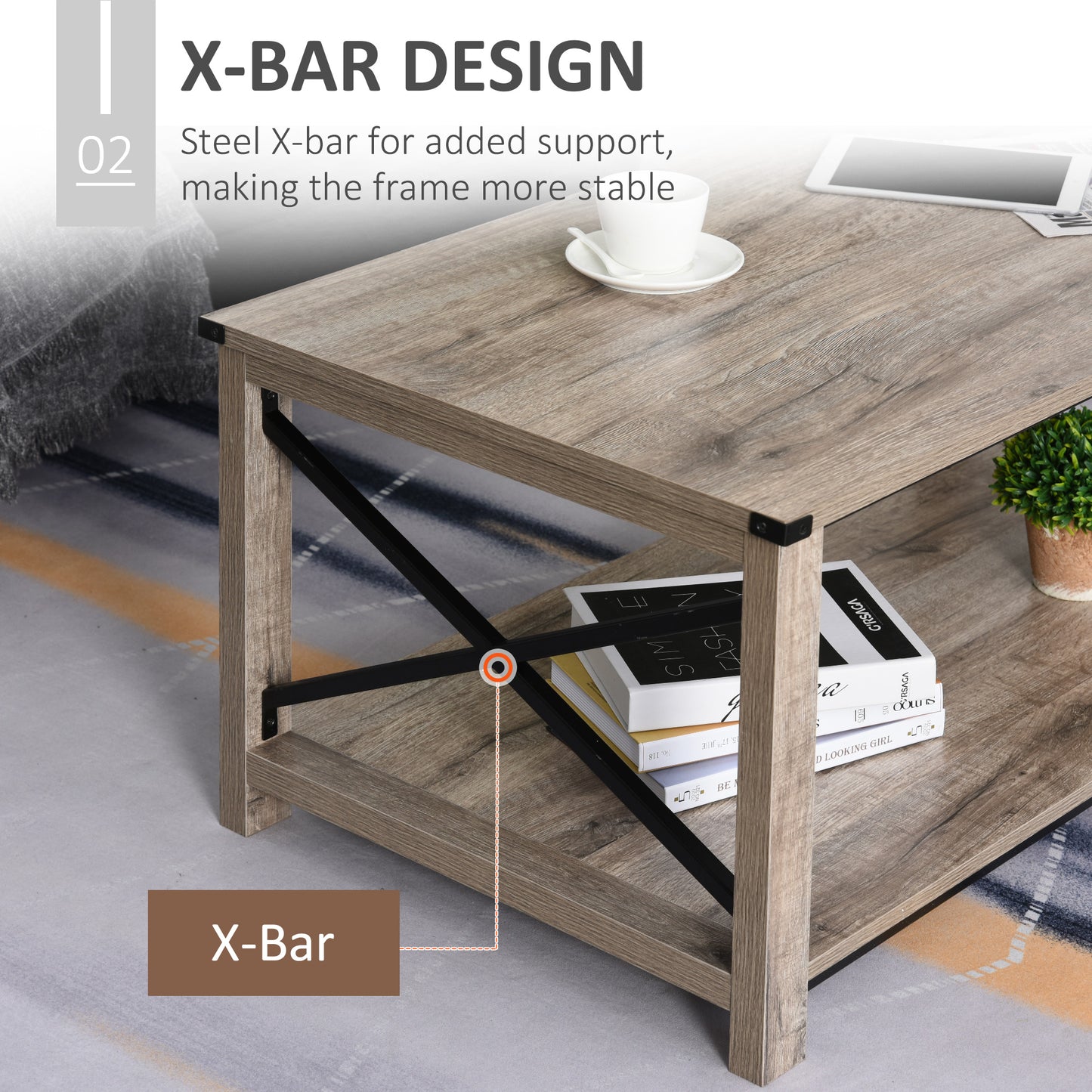 Industrial Coffee Table, Cocktail Table with Bottom Storage Shelf, Metal X-Bar for Living Room Bedroom