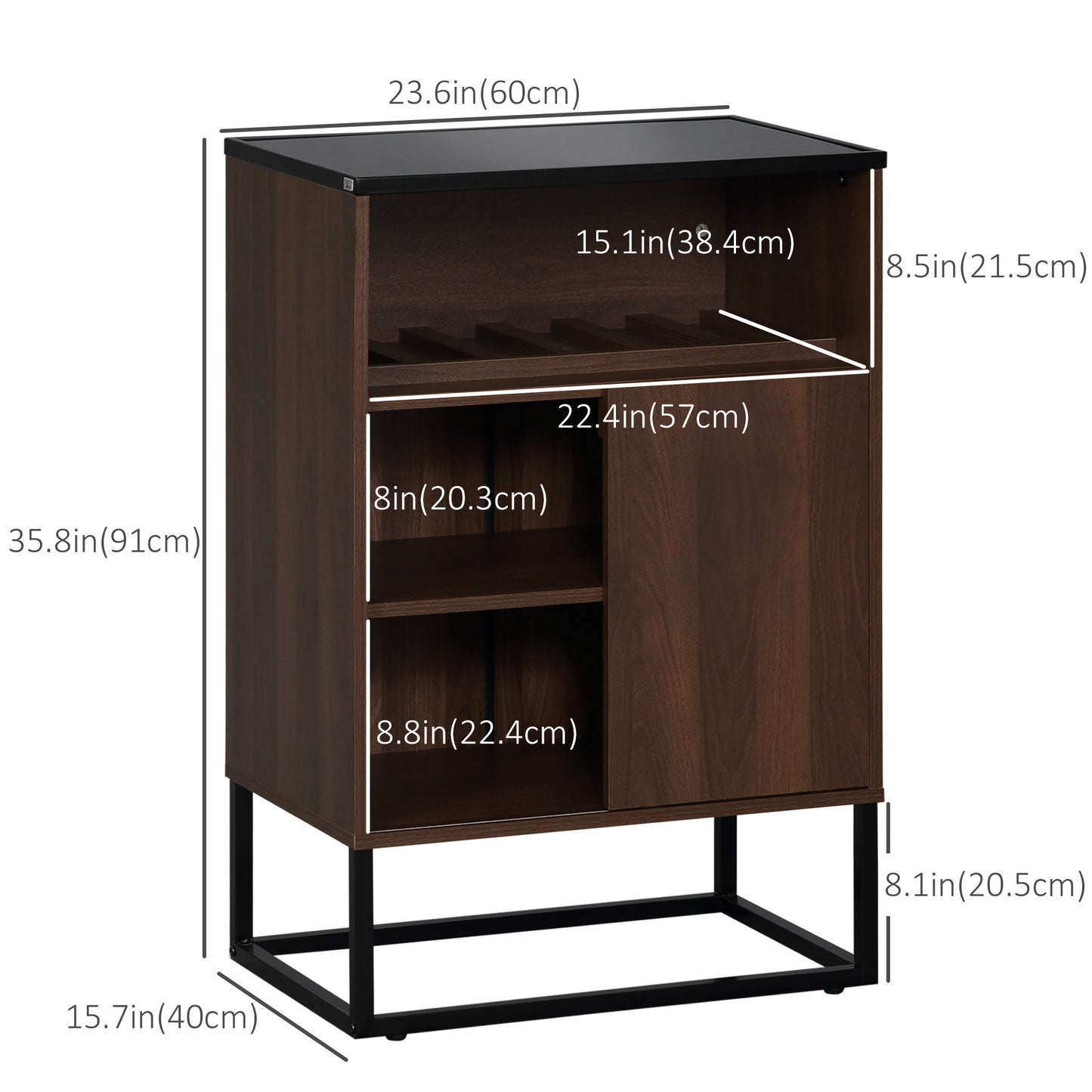 Industrial Wine Rack Cabinet for 6 Bottles, Liquor Cabinet with Sliding Door, Tempered Glass Top, Adjustable Shelf for Home Bar, Dining Room, Walnut