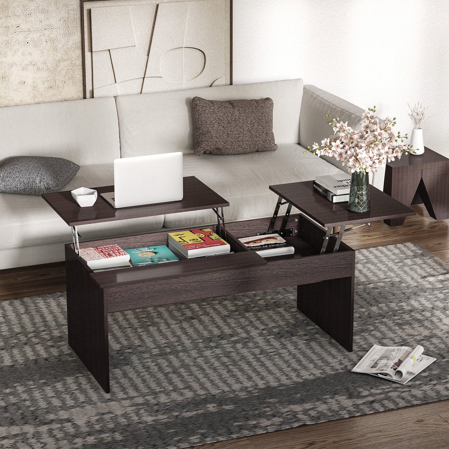 Modern Lift Top Coffee Table Hidden Compartment Living Room Dark Brown