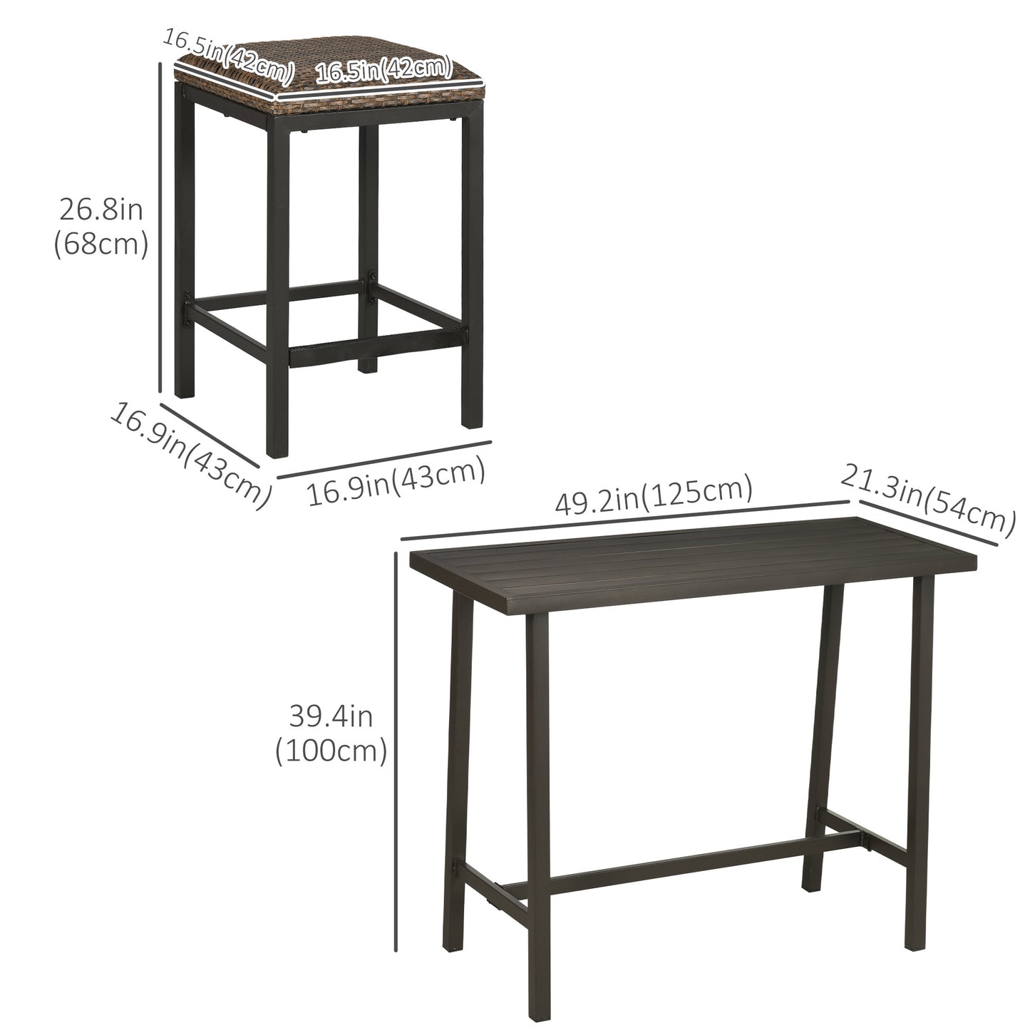 Outsunny 5 Pieces Patio Bar Set with 4 Stools, Outdoor Furniture Set for with Rattan Seat, Slatted Steel Table Top for Garden, Balcony, Backyard, Brown