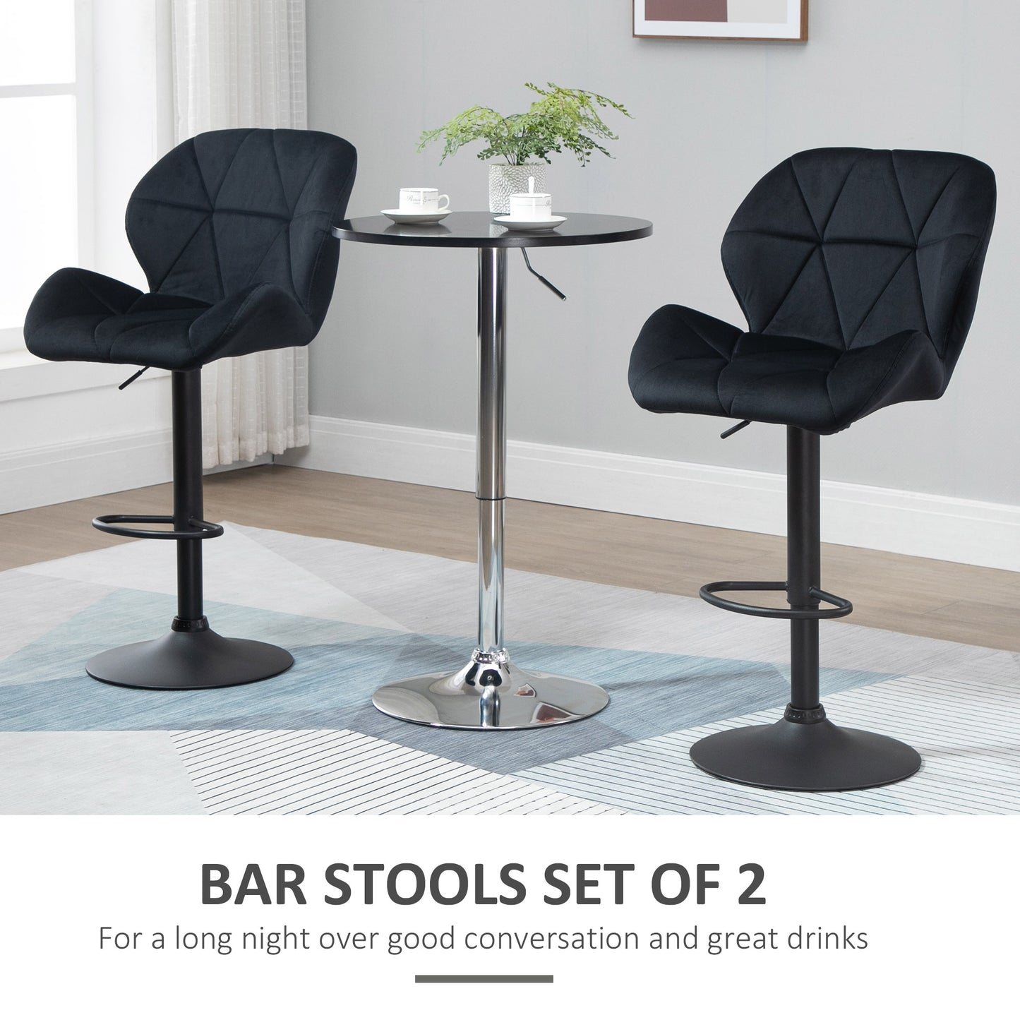 Bar Stool Set of 2 Fabric Adjustable Height Armless Upholstered Counter Chairs with Swivel Seat, Black