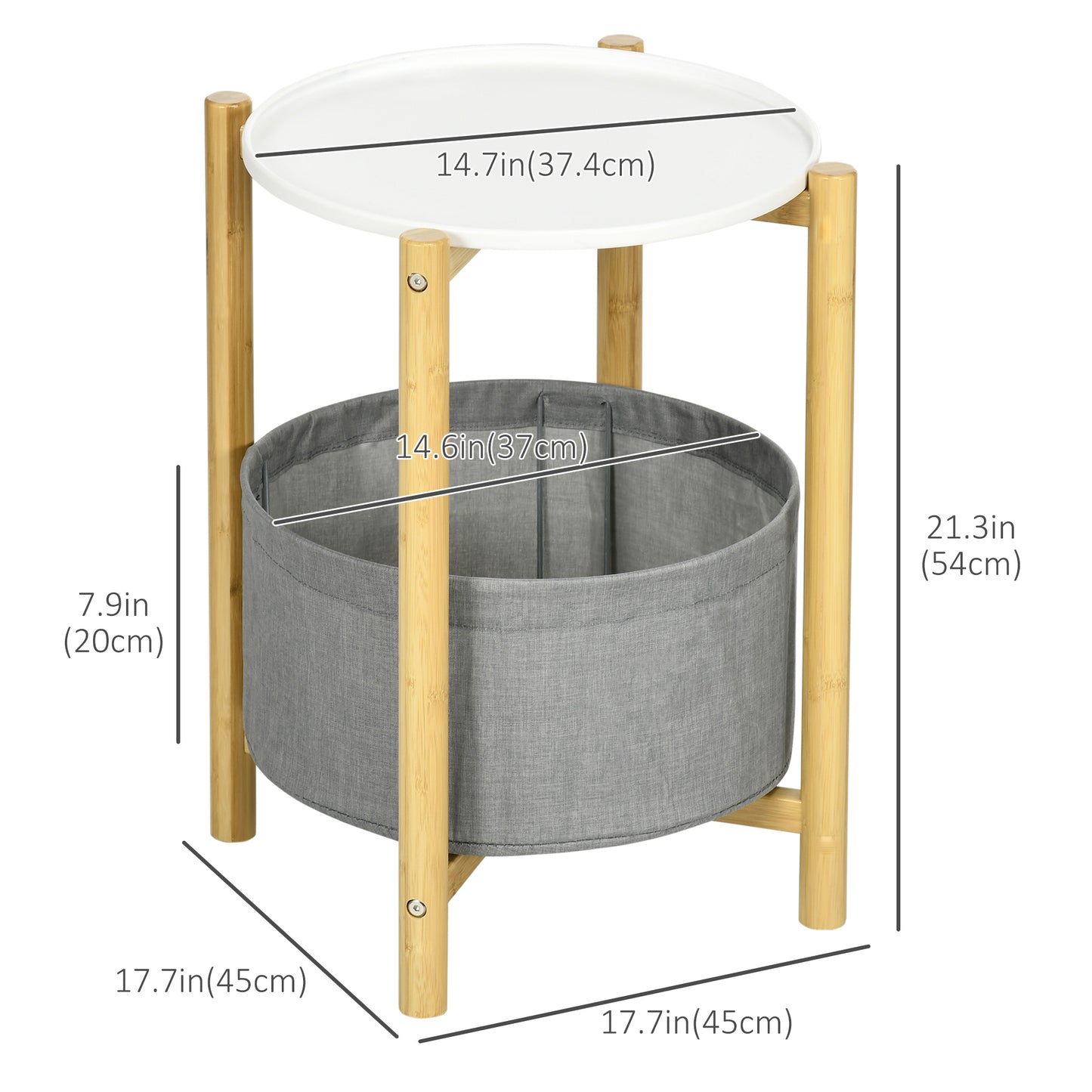 Round Side Table with Detachable Tray Top and Fabric Storage Basket, End Table with Bamboo Frame