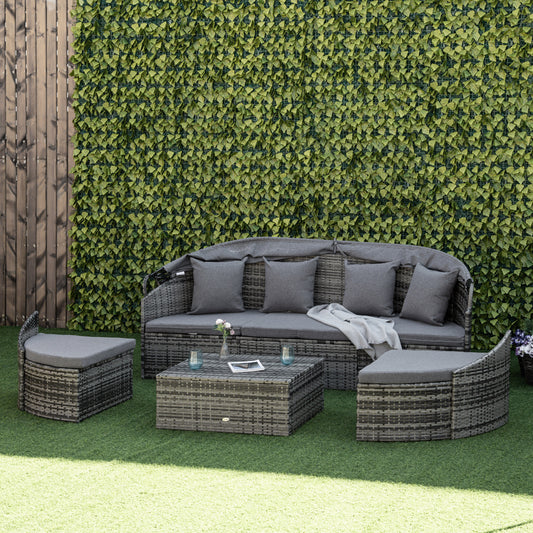 Outsunny 4 Pieces Patio PE Wicker Round Daybed, Outdoor Rattan Garden Lounge Furniture Sets, Sectional Conversation Sofa Set with Canopy, Cushions, & Pillows, Grey